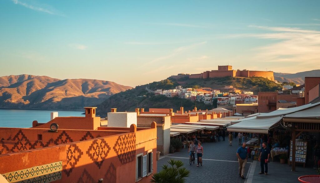 A sun-drenched coastline of golden beaches and rugged cliffs, where traditional fishing villages nestle amidst rolling hills. In the foreground, a colorful tiled façade, its intricate patterns casting warm shadows across a cobblestone street. In the middle ground, a bustling outdoor market, the air filled with the scents of fresh produce and sizzling local delicacies. In the distance, a majestic medieval castle, its towers silhouetted against a vibrant sky. Soft, diffused lighting illuminates the scene, creating a sense of timeless tranquility. MyVisitMorocco.