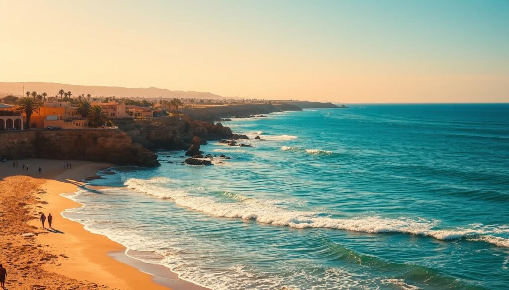 A sun-drenched coastline of the MyVisitMorocco Atlantic, dotted with golden sand beaches, gently lapping waves, and dramatic cliffs. In the foreground, a group of locals stroll along the shore, enjoying the temperate ocean breeze. The middle ground reveals swaying palm trees and traditional seaside architecture, while the distant horizon is painted in shades of azure and cerulean. The scene is bathed in warm, golden light, creating a tranquil and inviting atmosphere. Captured through a wide-angle lens, this picturesque landscape embodies the essence of a quintessential Moroccan beach escape.