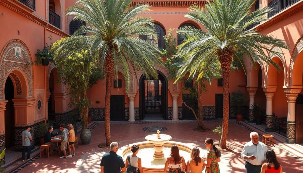 A sun-drenched courtyard of a traditional Moroccan riad, featuring ornate arched doorways, intricate tile work, and a central fountain glistening in the warm light. Tall, lush palm trees and fragrant citrus trees line the perimeter, casting delicate shadows on the ochre-colored walls. In the foreground, a group of locals and tourists mingle, sipping mint tea and admiring the iconic Moorish architecture. The scene exudes a sense of timeless elegance and tranquility, transporting the viewer to the heart of Marrakech. MyVisitMorocco