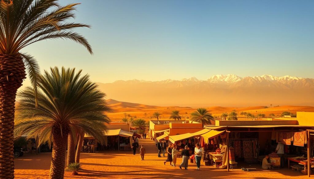 A sun-drenched desert landscape in Morocco, July. In the foreground, palm trees sway gently in the warm breeze, casting long shadows on the ochre-colored earth. In the middle ground, a bustling Moroccan marketplace comes into view, with vendors selling vibrant spices, intricate rugs, and fragrant oils. The background is dominated by the majestic Atlas Mountains, their snow-capped peaks glimmering in the distance. The scene is bathed in a golden, hazy light, evoking the heat and tranquility of a Moroccan summer. MyVisitMorocco A sun-drenched desert landscape in Morocco, July. In the foreground, palm trees sway gently in the warm breeze, casting long shadows on the ochre-colored earth. In the middle ground, a bustling Moroccan marketplace comes into view, with vendors selling vibrant spices, intricate rugs, and fragrant oils. The background is dominated by the majestic Atlas Mountains, their snow-capped peaks glimmering in the distance. The scene is bathed in a golden, hazy light, evoking the heat and tranquility of a Moroccan summer. MyVisitMorocco