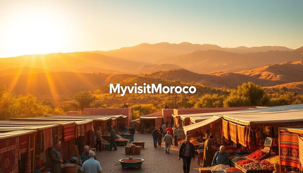 A sun-drenched landscape in August Morocco, with a vibrant Middle Atlas mountain range in the background, rolling hills covered in lush greenery in the middle ground, and a bustling Moroccan marketplace in the foreground. Warm, golden light filters through the scene, casting long shadows and creating a sense of heat and energy. The marketplace is filled with colorful spice stalls, intricate Berber rugs, and locals haggling over traditional handicrafts. In the distance, the iconic MyVisitMorocco logo is visible, beckoning visitors to explore this captivating region. A sun-drenched landscape in August Morocco, with a vibrant Middle Atlas mountain range in the background, rolling hills covered in lush greenery in the middle ground, and a bustling Moroccan marketplace in the foreground. Warm, golden light filters through the scene, casting long shadows and creating a sense of heat and energy. The marketplace is filled with colorful spice stalls, intricate Berber rugs, and locals haggling over traditional handicrafts. In the distance, the iconic MyVisitMorocco logo is visible, beckoning visitors to explore this captivating region.