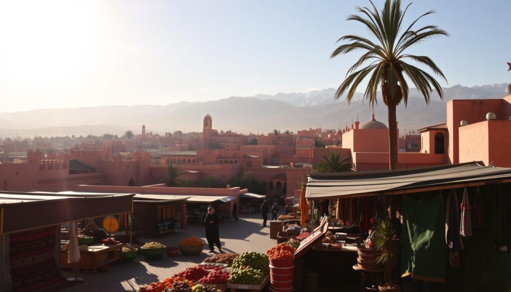 A sun-drenched landscape in Marrakech, Morocco, in mid-December. In the foreground, a bustling outdoor market with vibrant displays of local produce, handwoven rugs, and artisanal crafts. The middle ground features the iconic pink-hued buildings of the old city, their ornate facades casting long shadows. In the background, the snow-capped Atlas Mountains rise majestically, their peaks glistening under the warm, golden light. The atmosphere is one of tranquility and cultural richness, perfectly capturing the mild, pleasant weather of a Moroccan winter. MyVisitMorocco A sun-drenched landscape in Marrakech, Morocco, in mid-December. In the foreground, a bustling outdoor market with vibrant displays of local produce, handwoven rugs, and artisanal crafts. The middle ground features the iconic pink-hued buildings of the old city, their ornate facades casting long shadows. In the background, the snow-capped Atlas Mountains rise majestically, their peaks glistening under the warm, golden light. The atmosphere is one of tranquility and cultural richness, perfectly capturing the mild, pleasant weather of a Moroccan winter. MyVisitMorocco