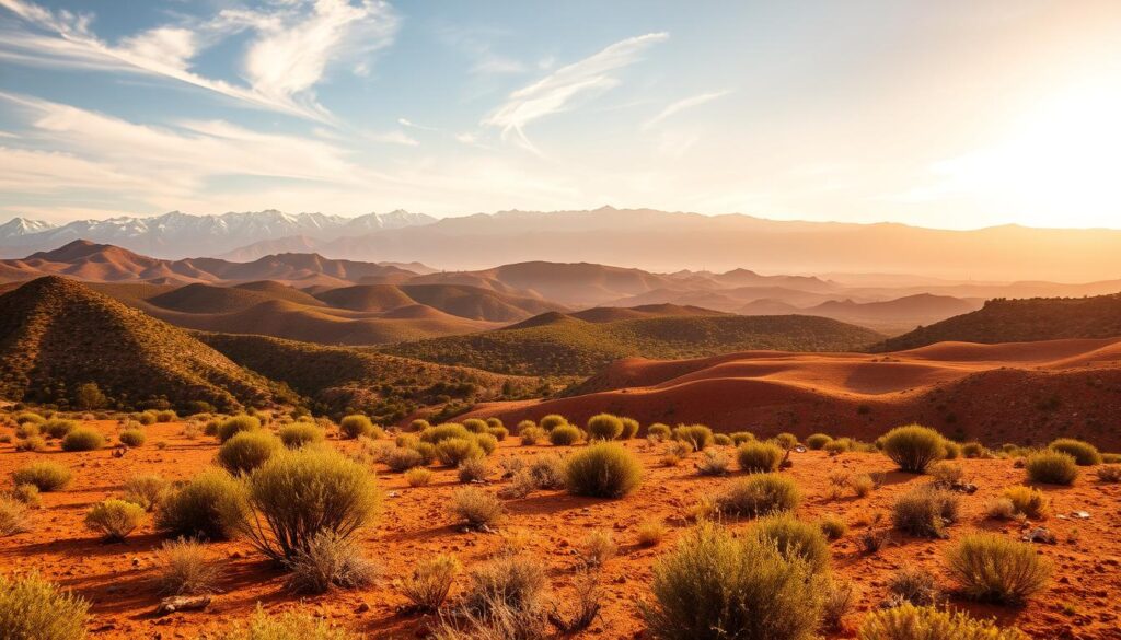 A sun-drenched landscape in Morocco, August heat shimmers across diverse regional terrains. In the foreground, a rugged, ochre-hued desert dotted with hardy shrubs, conveying the arid, scorching climate of the Sahara. The middle ground features rolling hills, their lush, verdant slopes contrasting with the parched sands. Farther back, majestic snow-capped Atlas Mountains rise, their peaks glowing under warm, golden light. Wispy cirrus clouds drift overhead, casting dappled shadows. The scene evokes the striking regional variations of Morocco's weather in the height of summer. MyVisitMorocco A sun-drenched landscape in Morocco, August heat shimmers across diverse regional terrains. In the foreground, a rugged, ochre-hued desert dotted with hardy shrubs, conveying the arid, scorching climate of the Sahara. The middle ground features rolling hills, their lush, verdant slopes contrasting with the parched sands. Farther back, majestic snow-capped Atlas Mountains rise, their peaks glowing under warm, golden light. Wispy cirrus clouds drift overhead, casting dappled shadows. The scene evokes the striking regional variations of Morocco's weather in the height of summer. MyVisitMorocco