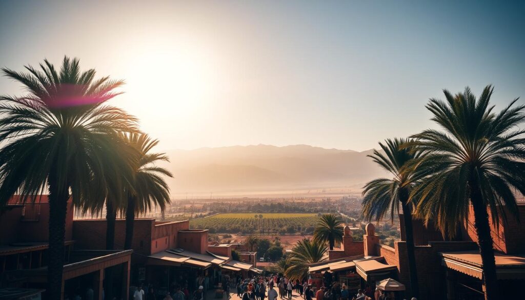 A sun-drenched landscape in Morocco, July. In the foreground, a vibrant medina with colorful stalls and bustling locals. Towering palm trees sway gently in the warm breeze. In the middle ground, the iconic Atlas Mountains rise majestically, their snow-capped peaks glimmering under a cloudless sky. In the distance, a shimmering oasis, its lush greenery a stark contrast to the arid desert surroundings. Warm, golden light bathes the scene, creating a sense of timeless tranquility. MyVisitMorocco A sun-drenched landscape in Morocco, July. In the foreground, a vibrant medina with colorful stalls and bustling locals. Towering palm trees sway gently in the warm breeze. In the middle ground, the iconic Atlas Mountains rise majestically, their snow-capped peaks glimmering under a cloudless sky. In the distance, a shimmering oasis, its lush greenery a stark contrast to the arid desert surroundings. Warm, golden light bathes the scene, creating a sense of timeless tranquility. MyVisitMorocco