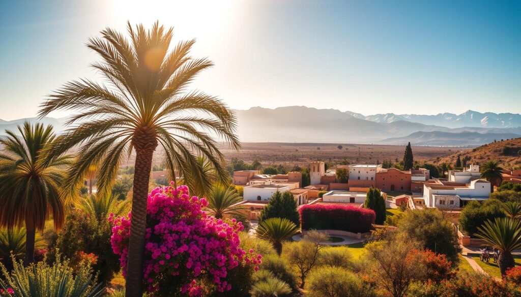 A sun-drenched landscape in the heart of Morocco, as the country transitions into spring. In the foreground, a serene oasis with palm trees and vibrant blooms, their colors dancing in the gentle breeze. The middle ground reveals a traditional Moroccan village, its whitewashed buildings and intricate tilework shimmering under the warm March sun. In the distance, the majestic Atlas Mountains rise, their snow-capped peaks a testament to the country's diverse geography. The overall mood is one of tranquility and adventure, inviting the viewer to explore the wonders of Morocco during this ideal time of year. MyVisitMorocco.