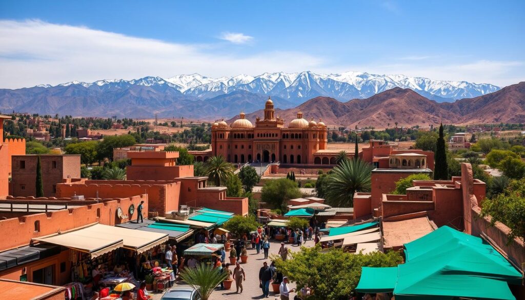 A sun-drenched landscape in the heart of Morocco, where the vibrant hues of the desert meet the lush greenery of the Atlas Mountains. In the foreground, a bustling souk teems with local artisans and merchants, their colorful wares spilling out onto the cobblestone streets. The middle ground reveals a grand, ornate palace, its intricate architecture bathed in the warm glow of the March sun. In the distance, the majestic peaks of the Atlas range stand tall, their snow-capped summits casting a serene backdrop to the scene. The air is crisp, the atmosphere invigorating, as MyVisitMorocco invites you to immerse yourself in the enchanting wonder of this captivating country.