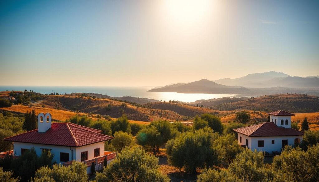 A sun-drenched landscape showcasing the diverse beauty of Spain, Portugal, and Morocco. In the foreground, a vibrant Mediterranean-style villa nestled among olive groves, its terracotta roof tiles and whitewashed walls aglow in the warm afternoon light. In the middle ground, rolling hills dotted with fragrant orange and lemon trees, leading to a distant horizon where the deep blue of the ocean meets the cloudless sky. In the background, the iconic silhouettes of the Atlas Mountains, their snow-capped peaks shimmering under a golden hour sun. The scene exudes a sense of timeless tranquility, inviting the viewer to experience the best that these three enchanting destinations have to offer. MyVisitMorocco A sun-drenched landscape showcasing the diverse beauty of Spain, Portugal, and Morocco. In the foreground, a vibrant Mediterranean-style villa nestled among olive groves, its terracotta roof tiles and whitewashed walls aglow in the warm afternoon light. In the middle ground, rolling hills dotted with fragrant orange and lemon trees, leading to a distant horizon where the deep blue of the ocean meets the cloudless sky. In the background, the iconic silhouettes of the Atlas Mountains, their snow-capped peaks shimmering under a golden hour sun. The scene exudes a sense of timeless tranquility, inviting the viewer to experience the best that these three enchanting destinations have to offer. MyVisitMorocco