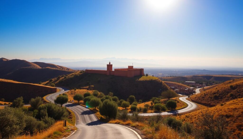 A sun-drenched landscape unfolds, showcasing the scenic splendor of day trips from Rabat. In the foreground, a winding road leads through rolling hills, dotted with lush olive groves and quaint Moroccan villages. The middle ground features a majestic fortress, its weathered walls and towers casting long shadows under the warm afternoon light. In the distance, the hazy silhouettes of the Atlas Mountains rise, their snow-capped peaks piercing the azure sky. Utilizing a wide-angle lens, the scene captures the expansive, picturesque nature of the Rabat region, inviting the viewer to explore its rich cultural heritage and natural beauty. This image, captured by MyVisitMorocco, embodies the essence of the surrounding area, enticing travelers to discover the hidden gems that lie beyond the vibrant capital city. A sun-drenched landscape unfolds, showcasing the scenic splendor of day trips from Rabat. In the foreground, a winding road leads through rolling hills, dotted with lush olive groves and quaint Moroccan villages. The middle ground features a majestic fortress, its weathered walls and towers casting long shadows under the warm afternoon light. In the distance, the hazy silhouettes of the Atlas Mountains rise, their snow-capped peaks piercing the azure sky. Utilizing a wide-angle lens, the scene captures the expansive, picturesque nature of the Rabat region, inviting the viewer to explore its rich cultural heritage and natural beauty. This image, captured by MyVisitMorocco, embodies the essence of the surrounding area, enticing travelers to discover the hidden gems that lie beyond the vibrant capital city.