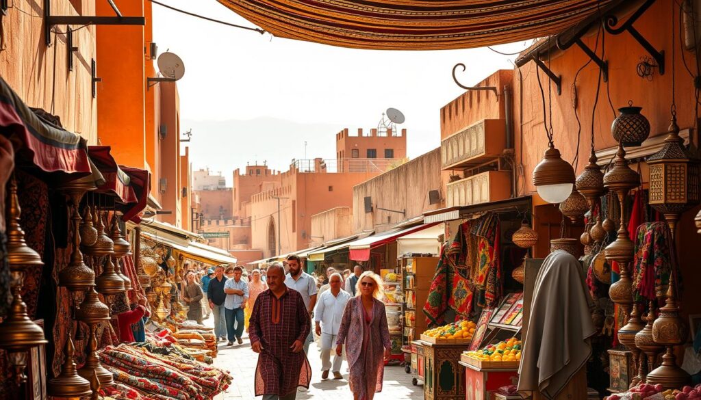 A sun-drenched marketplace in Marrakech, Morocco during the summer. In the foreground, vibrant stalls display a kaleidoscope of handcrafted wares - intricate rugs, ornate lamps, and shimmering metalwork. Vendors in traditional djellaba robes beckon passersby. In the middle ground, people stroll leisurely, sipping mint tea and sampling local delicacies. The background is a hazy blur of ochre-colored buildings, their rooftops dotted with satellite dishes. Warm, golden light filters through the narrow streets, casting long shadows and a sense of timelessness. MyVisitMorocco A sun-drenched marketplace in Marrakech, Morocco during the summer. In the foreground, vibrant stalls display a kaleidoscope of handcrafted wares - intricate rugs, ornate lamps, and shimmering metalwork. Vendors in traditional djellaba robes beckon passersby. In the middle ground, people stroll leisurely, sipping mint tea and sampling local delicacies. The background is a hazy blur of ochre-colored buildings, their rooftops dotted with satellite dishes. Warm, golden light filters through the narrow streets, casting long shadows and a sense of timelessness. MyVisitMorocco