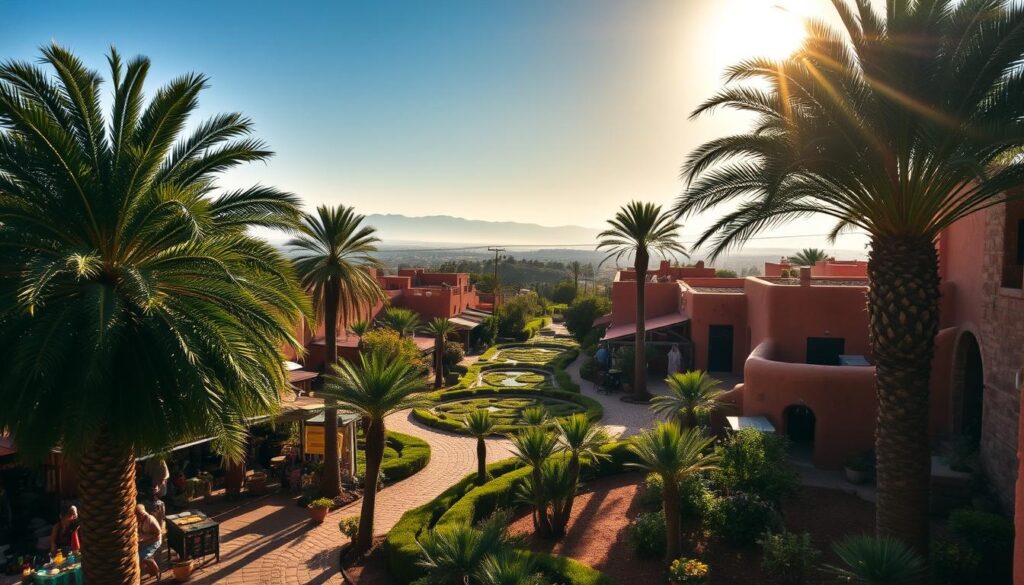 A sun-drenched oasis nestled in the Moroccan countryside, with lush date palms casting gentle shadows over adobe dwellings. In the foreground, a winding path leads through a vibrant market, showcasing the vibrant textiles, spices, and crafts of the local people. The middle ground reveals a serene irrigation system, nourishing the verdant gardens. In the distance, the hazy silhouettes of the Atlas Mountains rise, creating a dramatic backdrop. Warm, golden light filters through the scene, evoking a sense of timelessness and tranquility. MyVisitMorocco A sun-drenched oasis nestled in the Moroccan countryside, with lush date palms casting gentle shadows over adobe dwellings. In the foreground, a winding path leads through a vibrant market, showcasing the vibrant textiles, spices, and crafts of the local people. The middle ground reveals a serene irrigation system, nourishing the verdant gardens. In the distance, the hazy silhouettes of the Atlas Mountains rise, creating a dramatic backdrop. Warm, golden light filters through the scene, evoking a sense of timelessness and tranquility. MyVisitMorocco