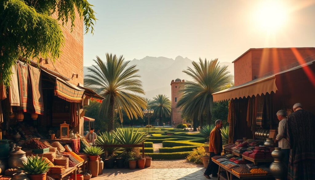 A sun-drenched scene in the heart of Morocco in March, captured with a wide-angle lens. In the foreground, a vibrant Moroccan marketplace bustles with vendors selling colorful spices, handwoven rugs, and intricate metalwork. The middle ground features a lush, verdant oasis with palm trees swaying gently in the breeze. In the background, the majestic Atlas Mountains rise, their snow-capped peaks gleaming under the warm, golden light. The overall atmosphere exudes a sense of tranquility and cultural richness, perfect for a springtime visit. MyVisitMorocco A sun-drenched scene in the heart of Morocco in March, captured with a wide-angle lens. In the foreground, a vibrant Moroccan marketplace bustles with vendors selling colorful spices, handwoven rugs, and intricate metalwork. The middle ground features a lush, verdant oasis with palm trees swaying gently in the breeze. In the background, the majestic Atlas Mountains rise, their snow-capped peaks gleaming under the warm, golden light. The overall atmosphere exudes a sense of tranquility and cultural richness, perfect for a springtime visit. MyVisitMorocco
