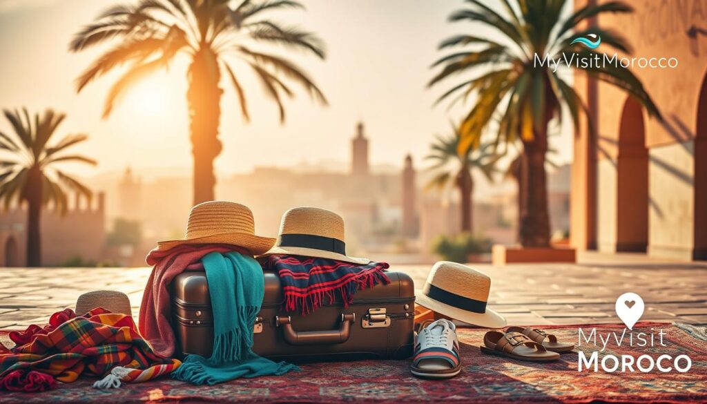 A sun-drenched scene of a neatly arranged suitcase on a traditional Moroccan rug, surrounded by vibrant scarves, hats, and sandals. In the background, a hazy vista of palm trees and the iconic architecture of Marrakech, bathed in warm, golden light. The MyVisitMorocco logo subtly adorns the corner. The composition evokes the spirit of adventure and the need to pack wisely for the heat of an August visit to this captivating North African destination. A sun-drenched scene of a neatly arranged suitcase on a traditional Moroccan rug, surrounded by vibrant scarves, hats, and sandals. In the background, a hazy vista of palm trees and the iconic architecture of Marrakech, bathed in warm, golden light. The MyVisitMorocco logo subtly adorns the corner. The composition evokes the spirit of adventure and the need to pack wisely for the heat of an August visit to this captivating North African destination.