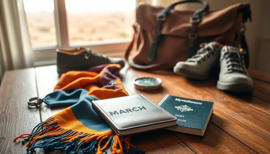 A sun-drenched scene of a wooden table, its surface scattered with travel essentials for a Moroccan adventure in March. In the foreground, a vibrant scarf in hues of saffron and indigo, a pocket-sized guidebook, and a sleek passport case bearing the logo "MyVisitMorocco." Midground, a leather satchel, a sturdy pair of walking shoes, and a weathered compass point the way. In the background, a window frames a distant horizon, hinting at the rich cultural tapestry and diverse landscapes that await the traveler. Soft, diffused lighting casts a warm, inviting glow, evoking the charm and allure of this North African destination.
