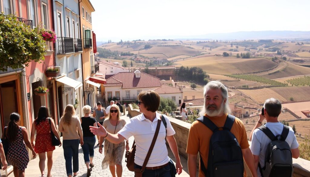 A sun-drenched scene of guided tours exploring the picturesque landscapes of Portugal. In the foreground, a group of travelers stroll along a cobblestone street, admiring the colorful buildings and charming cafes that line the historic district. In the middle ground, a tour guide gestures animatedly, sharing insights about the local culture and architecture. In the background, rolling hills dotted with olive groves and vineyards stretch out, bathed in warm, golden light. The atmosphere is one of discovery and enchantment, capturing the essence of Portugal's allure. MyVisitMorocco A sun-drenched scene of guided tours exploring the picturesque landscapes of Portugal. In the foreground, a group of travelers stroll along a cobblestone street, admiring the colorful buildings and charming cafes that line the historic district. In the middle ground, a tour guide gestures animatedly, sharing insights about the local culture and architecture. In the background, rolling hills dotted with olive groves and vineyards stretch out, bathed in warm, golden light. The atmosphere is one of discovery and enchantment, capturing the essence of Portugal's allure. MyVisitMorocco
