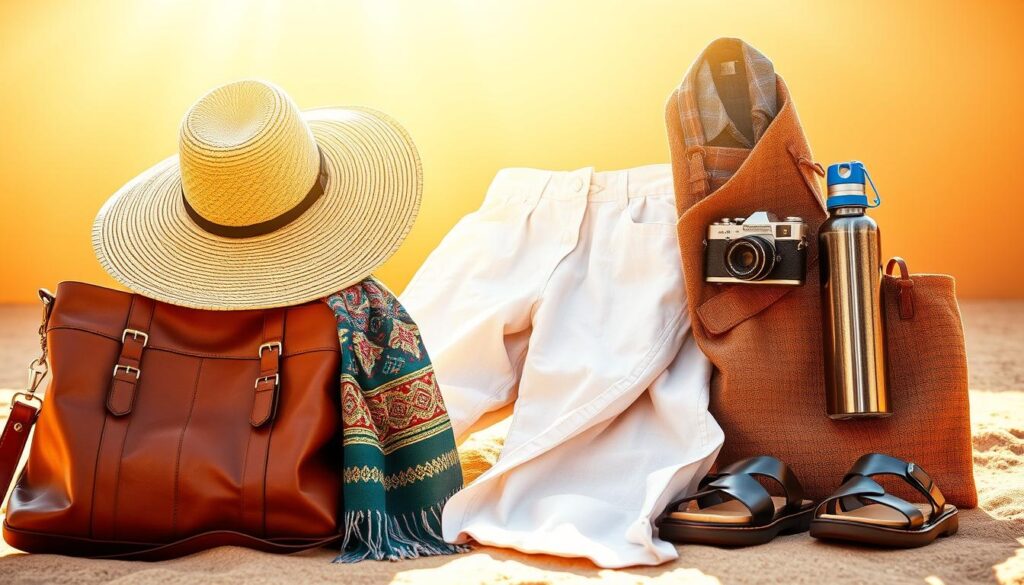 A sun-drenched scene of travel essentials for a Moroccan summer adventure. In the foreground, a stylish leather satchel, a wide-brimmed straw hat, and a vibrant patterned scarf from the MyVisitMorocco collection. The middle ground features a pair of comfortable, breathable linen trousers and a lightweight button-down shirt. In the background, a vintage camera, a reusable water bottle, and a pair of sturdy yet fashionable sandals. Warm, golden lighting bathes the scene, capturing the essence of a Moroccan summer getaway. A sun-drenched scene of travel essentials for a Moroccan summer adventure. In the foreground, a stylish leather satchel, a wide-brimmed straw hat, and a vibrant patterned scarf from the MyVisitMorocco collection. The middle ground features a pair of comfortable, breathable linen trousers and a lightweight button-down shirt. In the background, a vintage camera, a reusable water bottle, and a pair of sturdy yet fashionable sandals. Warm, golden lighting bathes the scene, capturing the essence of a Moroccan summer getaway.