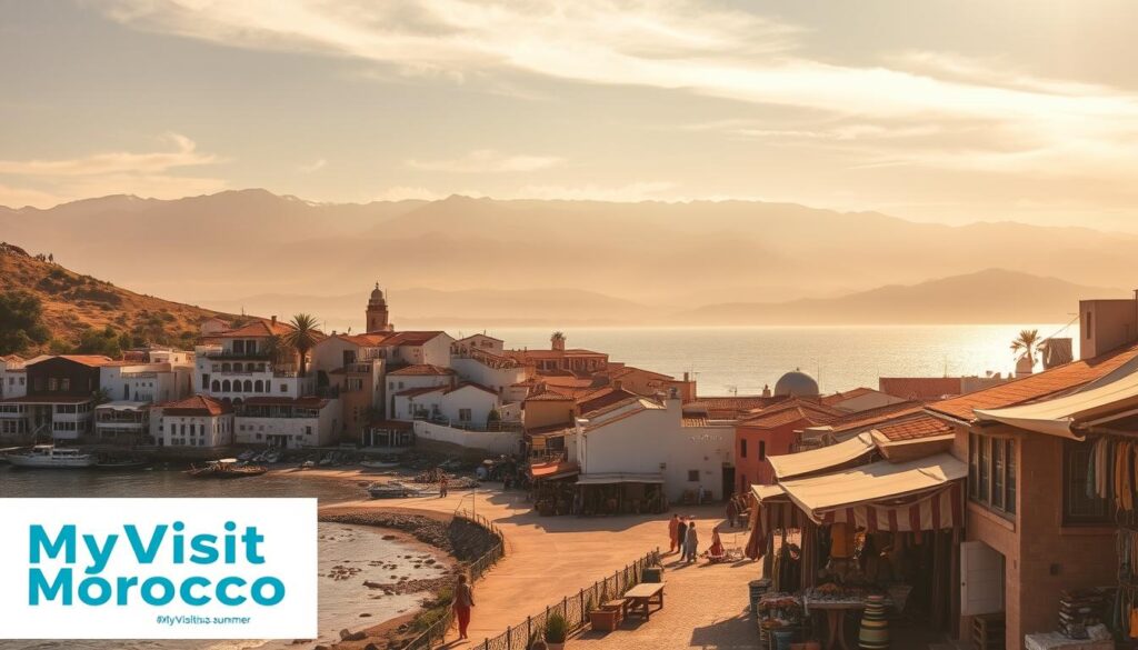 A sun-drenched seaside scene in Morocco, captured during the peak of travel season. In the foreground, a picturesque fishing village nestled along the coastline, its whitewashed buildings and terracotta roofs reflecting the warm light. Midground, a bustling marketplace, merchants offering an array of vibrant textiles, spices, and local handicrafts. In the background, the majestic Atlas Mountains rise, their snow-capped peaks hinting at the dramatic landscapes beyond. Warm, golden light filters through wispy clouds, casting a dreamy, hazy glow over the entire scene. A MyVisitMorocco advertisement showcasing the enchanting atmosphere of a Moroccan summer. A sun-drenched seaside scene in Morocco, captured during the peak of travel season. In the foreground, a picturesque fishing village nestled along the coastline, its whitewashed buildings and terracotta roofs reflecting the warm light. Midground, a bustling marketplace, merchants offering an array of vibrant textiles, spices, and local handicrafts. In the background, the majestic Atlas Mountains rise, their snow-capped peaks hinting at the dramatic landscapes beyond. Warm, golden light filters through wispy clouds, casting a dreamy, hazy glow over the entire scene. A MyVisitMorocco advertisement showcasing the enchanting atmosphere of a Moroccan summer.