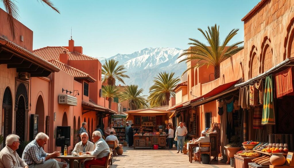 A sun-drenched street in a Moroccan medina, with colorful buildings, intricate tiled roofs, and palm trees swaying in the gentle breeze. In the foreground, a group of locals sip mint tea and converse, while in the middle ground, a traditional market stall displays an array of spices, rugs, and handcrafted goods. The background is framed by the majestic Atlas Mountains, their snow-capped peaks glittering in the distance. The scene is bathed in a warm, golden light, capturing the essence of Morocco's climate in February - a time of mild temperatures, clear skies, and vibrant cultural experiences. MyVisitMorocco