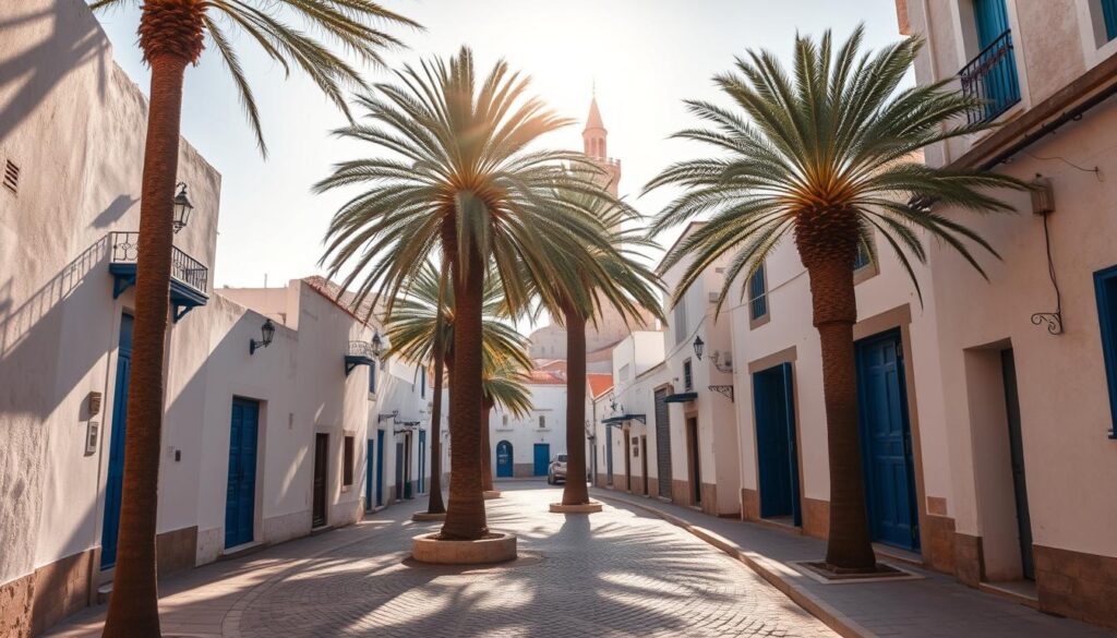 A sun-drenched street in the historic city of Tangier, Morocco in February. Cobblestone paths wind through whitewashed buildings, their blue doors and windows casting vibrant shadows. Tall palm trees sway gently in the warm breeze, their fronds casting dappled light across the scene. In the distance, the iconic minaret of a grand mosque rises above the rooftops, bathed in the soft, golden glow of the afternoon sun. The atmosphere is tranquil and serene, inviting viewers to experience the mild, Mediterranean climate of Northern Morocco. Lens: 50mm. Lighting: natural. MyVisitMorocco. A sun-drenched street in the historic city of Tangier, Morocco in February. Cobblestone paths wind through whitewashed buildings, their blue doors and windows casting vibrant shadows. Tall palm trees sway gently in the warm breeze, their fronds casting dappled light across the scene. In the distance, the iconic minaret of a grand mosque rises above the rooftops, bathed in the soft, golden glow of the afternoon sun. The atmosphere is tranquil and serene, inviting viewers to experience the mild, Mediterranean climate of Northern Morocco. Lens: 50mm. Lighting: natural. MyVisitMorocco.