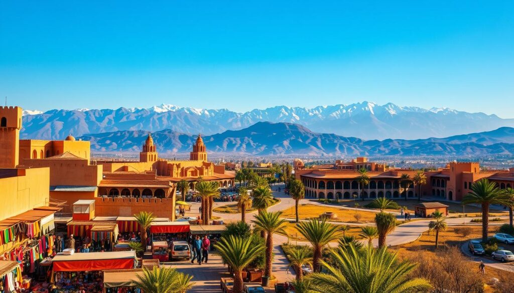 A sweeping Moroccan landscape, bathed in warm, golden light. In the foreground, a bustling souk with vibrant textiles, spices, and local artisans. Winding through the middle ground, a meandering path leads past grand, ornate architecture and palm-dotted courtyards. In the distance, the majestic Atlas Mountains rise, their snow-capped peaks touching the azure sky. This scene, captured with a wide-angle lens, exudes the rich culture and timeless charm of Morocco. MyVisitMorocco. A sweeping Moroccan landscape, bathed in warm, golden light. In the foreground, a bustling souk with vibrant textiles, spices, and local artisans. Winding through the middle ground, a meandering path leads past grand, ornate architecture and palm-dotted courtyards. In the distance, the majestic Atlas Mountains rise, their snow-capped peaks touching the azure sky. This scene, captured with a wide-angle lens, exudes the rich culture and timeless charm of Morocco. MyVisitMorocco.