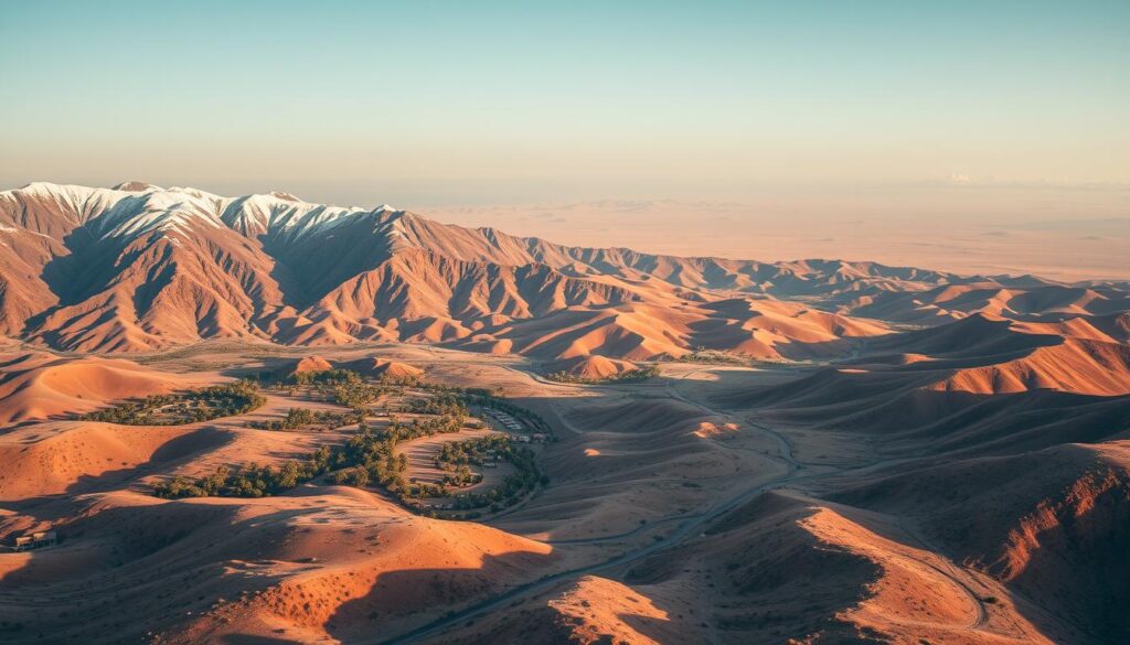 A sweeping aerial view of Morocco's diverse January landscapes, captured with a wide-angle lens. In the foreground, the rugged Atlas Mountains rise majestically, their snow-capped peaks glinting in the soft, diffused light. Transitioning to the middle ground, lush palm oases and winding, ochre-hued roads wind through the arid, windswept terrain. In the distance, the shimmering expanse of the Sahara Desert stretches out, its undulating dunes casting long shadows. The overall mood is one of serene tranquility, inviting the viewer to explore the regional weather patterns of this captivating country. MyVisitMorocco A sweeping aerial view of Morocco's diverse January landscapes, captured with a wide-angle lens. In the foreground, the rugged Atlas Mountains rise majestically, their snow-capped peaks glinting in the soft, diffused light. Transitioning to the middle ground, lush palm oases and winding, ochre-hued roads wind through the arid, windswept terrain. In the distance, the shimmering expanse of the Sahara Desert stretches out, its undulating dunes casting long shadows. The overall mood is one of serene tranquility, inviting the viewer to explore the regional weather patterns of this captivating country. MyVisitMorocco