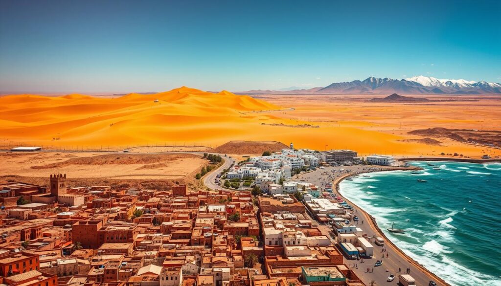 A sweeping aerial view of Morocco's diverse landscapes, showcased in a MyVisitMorocco promotional image. In the foreground, the vibrant, maze-like medina of Fez, its ochre buildings and winding alleyways. Beyond, the vast, undulating dunes of the Sahara Desert, hues of amber and gold. In the distance, the rugged, snow-capped Atlas Mountains pierce the horizon. In the middle ground, the seaside town of Essaouira, its whitewashed buildings and iconic blue fishing boats nestled along the crashing waves of the Atlantic. Warm, golden sunlight bathes the scene, creating a sense of warmth and adventure. Captured with a wide-angle lens to showcase the epic scale and diversity of Morocco's regions.