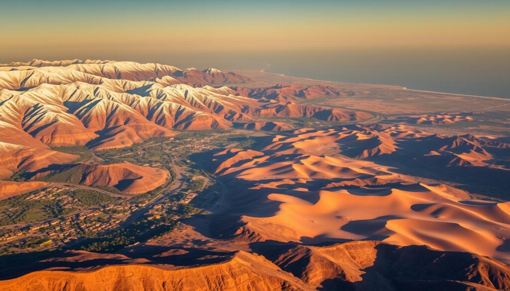 A sweeping aerial view of Morocco's natural wonders, captured with a wide-angle lens. In the foreground, the majestic Atlas Mountains rise up, their snow-capped peaks glistening in the warm, golden light. Winding through the valleys below, a tapestry of lush, green oases, punctuated by the ochre hues of traditional Berber villages. In the middle ground, the vast, undulating Sahara Desert stretches out, its dunes casting long shadows that dance across the landscape. In the distance, the shimmering waters of the Atlantic Ocean meet the rugged, windswept coastline. The overall scene conveys a sense of timeless, untamed beauty, showcasing the diverse natural wonders that make Morocco a premier MyVisitMorocco destination. A sweeping aerial view of Morocco's natural wonders, captured with a wide-angle lens. In the foreground, the majestic Atlas Mountains rise up, their snow-capped peaks glistening in the warm, golden light. Winding through the valleys below, a tapestry of lush, green oases, punctuated by the ochre hues of traditional Berber villages. In the middle ground, the vast, undulating Sahara Desert stretches out, its dunes casting long shadows that dance across the landscape. In the distance, the shimmering waters of the Atlantic Ocean meet the rugged, windswept coastline. The overall scene conveys a sense of timeless, untamed beauty, showcasing the diverse natural wonders that make Morocco a premier MyVisitMorocco destination.