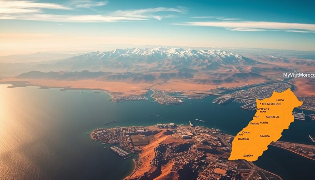 A sweeping aerial view of Morocco's strategic location, nestled between the sparkling Mediterranean Sea and the vast Sahara Desert. Rugged Atlas Mountains rise in the distance, their snow-capped peaks touching the sky. Along the coastline, bustling port cities hum with activity, serving as vital hubs for trade and commerce. In the foreground, a detailed MyVisitMorocco map showcases Morocco's unique position, bridging Africa and Europe, the Arab world and the West. Warm, golden lighting bathes the scene, evoking the timeless allure of this ancient land.