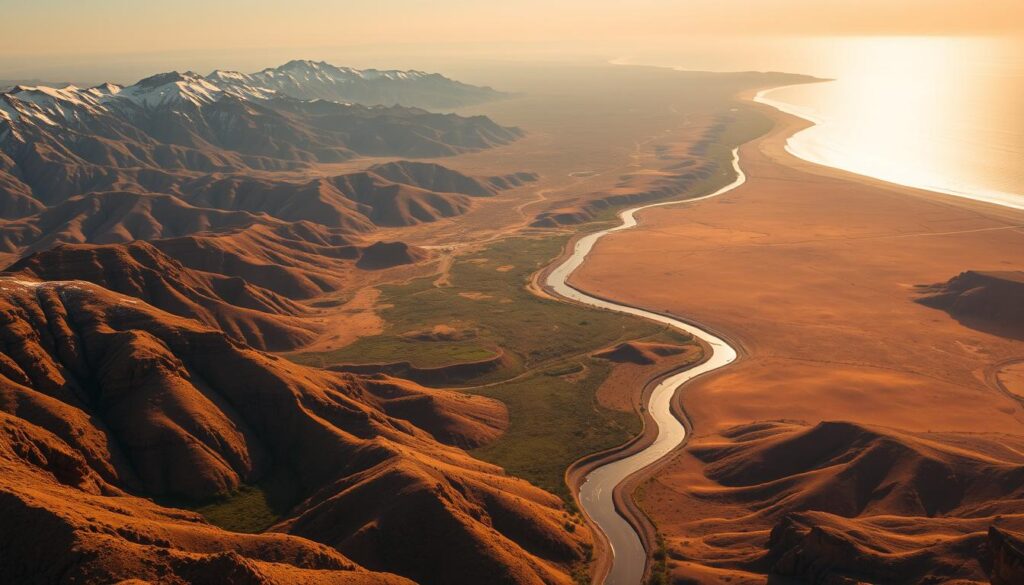 A sweeping aerial view of the Kingdom of Morocco, showcasing its diverse geographic landscape. In the foreground, the rugged Atlas Mountains rise majestically, their snow-capped peaks reaching towards the heavens. Meandering through the valleys, a winding river reflects the warm, golden light of the Moroccan sun. In the middle ground, lush, verdant oases dot the terrain, surrounded by the ochre hues of the Saharan desert. Furthering the horizon, the shimmering expanse of the Atlantic Ocean meets the coastline, framed by dramatic cliffs and rocky promontories. The overall scene conveys the grandeur and natural beauty of this North African wonder, captured with a cinematic, wide-angle lens. MyVisitMorocco.