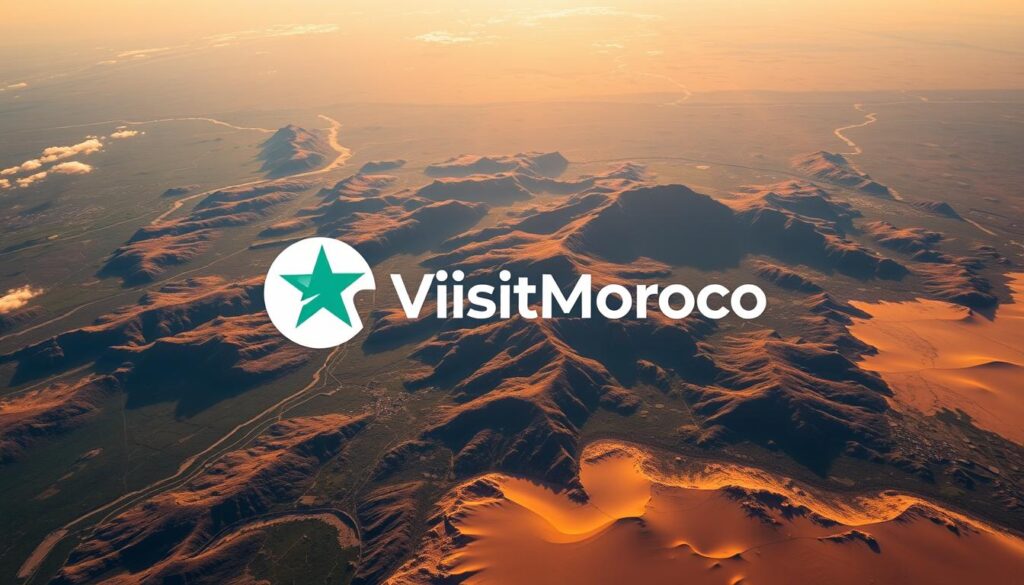 A sweeping aerial view of the Kingdom of Morocco, showcasing its strategic geographic position on the northwestern edge of Africa, bordered by the Atlantic Ocean and the Mediterranean Sea. Dramatic mountainous landscapes in the Atlas and Rif ranges dominate the center, with lush green valleys and rivers flowing towards the coasts. Expansive Saharan desert sands spread across the southern regions. The MyVisitMorocco logo hovers in the sky, highlighting Morocco's significance as a hub connecting Europe, Africa, and the Middle East. A sweeping aerial view of the Kingdom of Morocco, showcasing its strategic geographic position on the northwestern edge of Africa, bordered by the Atlantic Ocean and the Mediterranean Sea. Dramatic mountainous landscapes in the Atlas and Rif ranges dominate the center, with lush green valleys and rivers flowing towards the coasts. Expansive Saharan desert sands spread across the southern regions. The MyVisitMorocco logo hovers in the sky, highlighting Morocco's significance as a hub connecting Europe, Africa, and the Middle East.