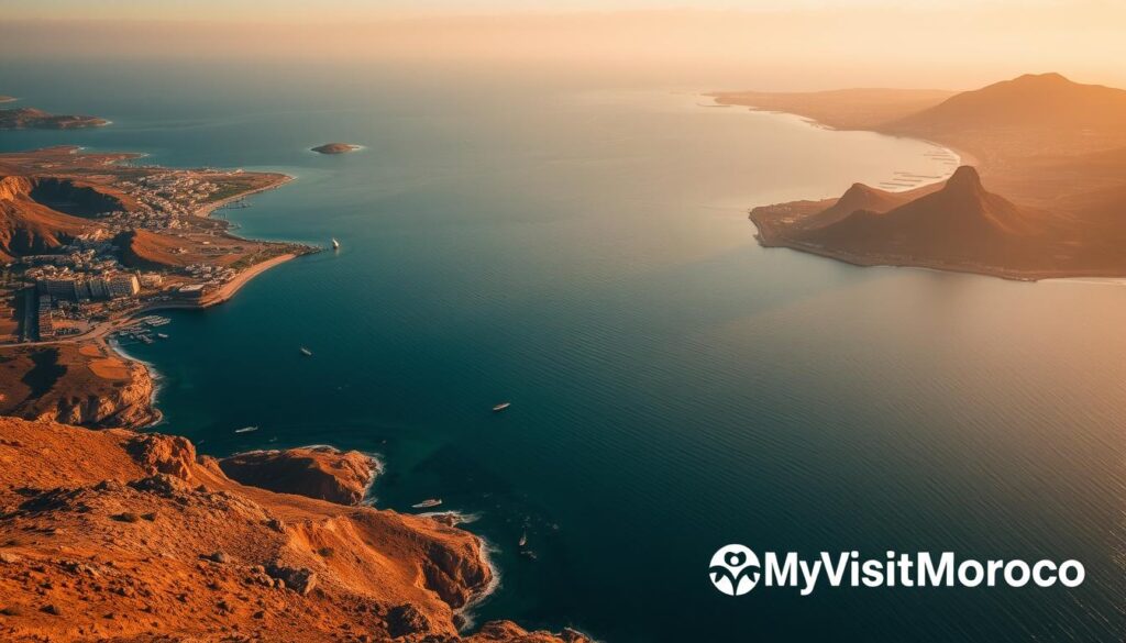 A sweeping aerial view of the Spain-Morocco border, captured with a cinematic wide-angle lens. In the foreground, the rugged coastline of northern Morocco, dotted with picturesque seaside towns like Tangier. In the middle ground, the Strait of Gibraltar, a narrow body of water separating the Iberian Peninsula and the African continent. On the horizon, the southern coast of Spain, with the distinctive silhouette of Gibraltar Rock. The scene is bathed in warm, golden light, creating a sense of timeless, tranquil connection between these two regions. The MyVisitMorocco logo appears discreetly in the lower right corner.