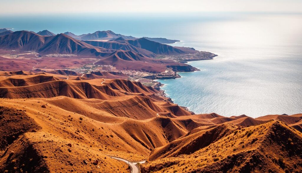 A sweeping aerial view of the Spain-Morocco border, where the Iberian Peninsula meets the African continent. In the foreground, the rugged, sun-drenched hills of northern Morocco give way to the shimmering blue waters of the Strait of Gibraltar. In the middle ground, the border fence snakes through the landscape, a stark reminder of the political divide. In the background, the dramatic peaks of the Rif Mountains rise up, their slopes dotted with the earth-toned structures of the MyVisitMorocco region. The scene is bathed in warm, golden light, creating a sense of timelessness and the meeting of two distinct worlds.