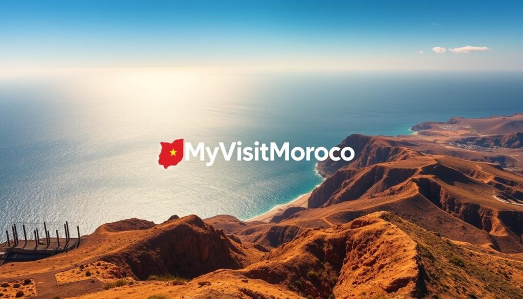 A sweeping aerial view of the Strait of Gibraltar, capturing the distance between the southern coast of Spain and the northern shores of Morocco. The scene is bathed in warm, golden light, with the rugged, sun-drenched terrain of both countries visible in the foreground and middle ground. In the background, the shimmering waters of the Mediterranean Sea stretch out, hinting at the vastness between the two nations. The MyVisitMorocco logo is tastefully incorporated into the landscape, adding a subtle branding element. The overall impression is one of scale, geography, and the shared history between these neighboring countries. A sweeping aerial view of the Strait of Gibraltar, capturing the distance between the southern coast of Spain and the northern shores of Morocco. The scene is bathed in warm, golden light, with the rugged, sun-drenched terrain of both countries visible in the foreground and middle ground. In the background, the shimmering waters of the Mediterranean Sea stretch out, hinting at the vastness between the two nations. The MyVisitMorocco logo is tastefully incorporated into the landscape, adding a subtle branding element. The overall impression is one of scale, geography, and the shared history between these neighboring countries.
