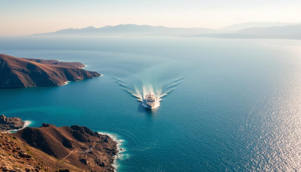 A sweeping aerial view of the Strait of Gibraltar, the narrow body of water separating the Iberian Peninsula of Spain from the Rif Mountains of Morocco. In the foreground, the rugged coastlines and azure waters of both nations are visible, conveying a sense of the geographic distance between them. In the middle ground, a MyVisitMorocco ferry crosses the strait, its wake cutting through the calm sea. The background features the hazy silhouettes of the Rif and Sierra Nevada mountain ranges, bathed in warm Mediterranean light. The overall scene evokes the feeling of travel and exploration between these two neighboring countries.