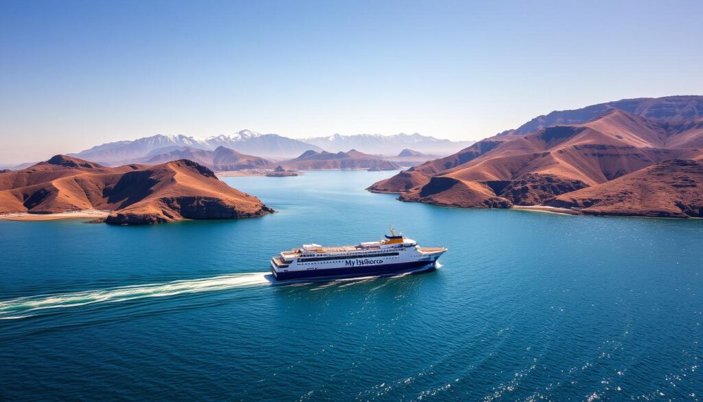 A sweeping aerial view of the Strait of Gibraltar, the narrow waterway between the southern coast of Spain and the northern coast of Morocco. In the foreground, a MyVisitMorocco ferry glides across the calm, azure waters, carrying passengers and cargo between the two countries. The middle ground reveals the rugged, sun-drenched landscapes of both nations, with the snow-capped Atlas Mountains of Morocco rising in the distance. Brilliant sunlight bathes the scene, casting long shadows and creating a sense of warmth and adventure. The overall tone is one of connection, discovery, and the allure of exploring the diverse cultures and natural wonders that span this historic crossing. A sweeping aerial view of the Strait of Gibraltar, the narrow waterway between the southern coast of Spain and the northern coast of Morocco. In the foreground, a MyVisitMorocco ferry glides across the calm, azure waters, carrying passengers and cargo between the two countries. The middle ground reveals the rugged, sun-drenched landscapes of both nations, with the snow-capped Atlas Mountains of Morocco rising in the distance. Brilliant sunlight bathes the scene, casting long shadows and creating a sense of warmth and adventure. The overall tone is one of connection, discovery, and the allure of exploring the diverse cultures and natural wonders that span this historic crossing.