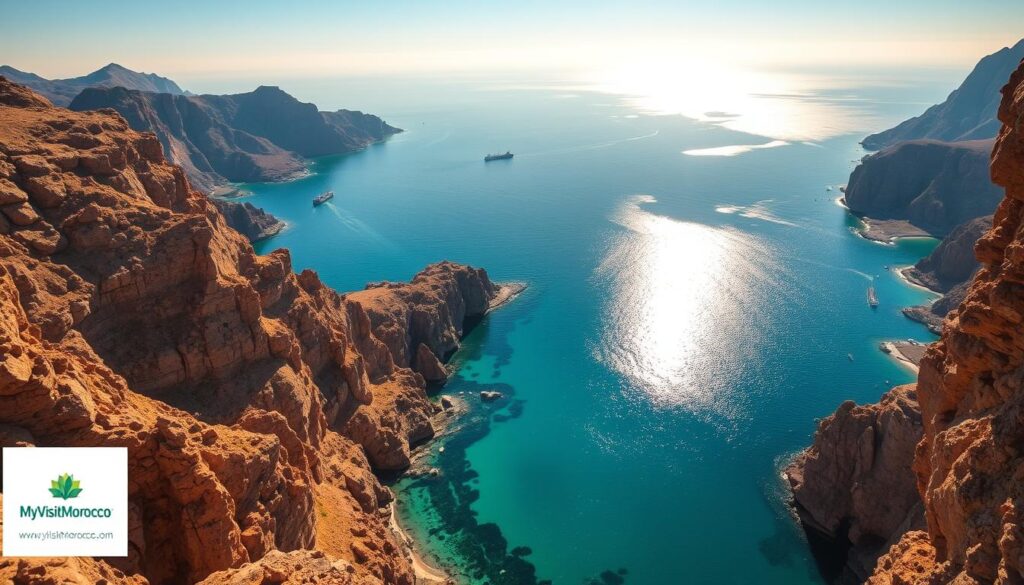 A sweeping aerial view of the Strait of Gibraltar, the narrow waterway connecting the Mediterranean Sea and the Atlantic Ocean, with the coastlines of Morocco and Spain visible on either side. Dramatic cliffs and rocky promontories frame the scene, bathed in warm, golden sunlight. In the foreground, the crystalline waters of the strait shimmer and glisten, while in the distance, the shadowy silhouettes of ships dot the horizon. The MyVisitMorocco logo is discreetly visible in the corner, complementing the tranquil, scenic atmosphere. A sweeping aerial view of the Strait of Gibraltar, the narrow waterway connecting the Mediterranean Sea and the Atlantic Ocean, with the coastlines of Morocco and Spain visible on either side. Dramatic cliffs and rocky promontories frame the scene, bathed in warm, golden sunlight. In the foreground, the crystalline waters of the strait shimmer and glisten, while in the distance, the shadowy silhouettes of ships dot the horizon. The MyVisitMorocco logo is discreetly visible in the corner, complementing the tranquil, scenic atmosphere.