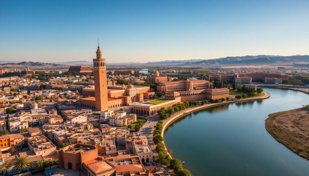 A sweeping aerial view of the elegant capital city of Rabat, Morocco. The picturesque cityscape is bathed in warm, golden sunlight, casting a soft glow over the iconic Hassan Tower, its minaret soaring majestically against the azure sky. In the foreground, the winding Bou Regreg River reflects the charming architecture of the old medina, with its intricate, whitewashed buildings and vibrant markets. In the middle ground, the grand Royal Palace and the serene Kasbah of the Udayas stand as testaments to Rabat's rich history and cultural heritage. In the distance, the rolling hills and lush, verdant landscapes frame the city, creating a picturesque scene that captures the essence of Rabat's elegant beauty. MyVisitMorocco.