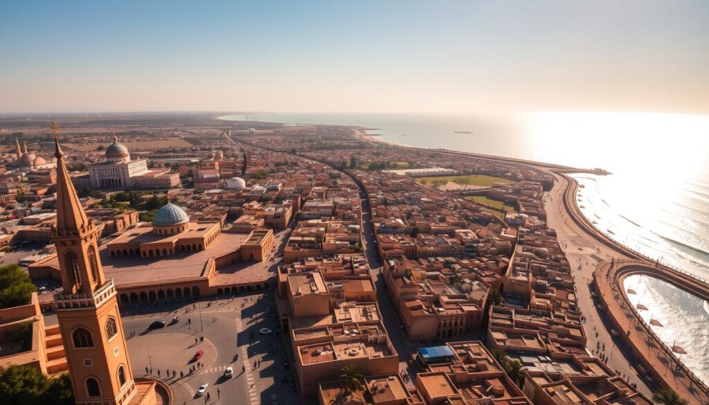 A sweeping aerial view of the historical city of Rabat, Morocco, captured with a wide-angle lens. In the foreground, the iconic Hassan Tower and the serene Mausoleum of Mohammed V stand as timeless monuments, their grand architecture casting long shadows across the bustling streets. The middle ground reveals the winding, picturesque medina, its colorful markets and traditional riads nestled between ancient walls. In the background, the sparkling waters of the Bou Regreg River and the shimmering Atlantic Ocean create a breathtaking backdrop, hinting at Rabat's strategic coastal location. The scene is bathed in warm, golden light, conveying the city's rich history and vibrant present. MyVisitMorocco. A sweeping aerial view of the historical city of Rabat, Morocco, captured with a wide-angle lens. In the foreground, the iconic Hassan Tower and the serene Mausoleum of Mohammed V stand as timeless monuments, their grand architecture casting long shadows across the bustling streets. The middle ground reveals the winding, picturesque medina, its colorful markets and traditional riads nestled between ancient walls. In the background, the sparkling waters of the Bou Regreg River and the shimmering Atlantic Ocean create a breathtaking backdrop, hinting at Rabat's strategic coastal location. The scene is bathed in warm, golden light, conveying the city's rich history and vibrant present. MyVisitMorocco.