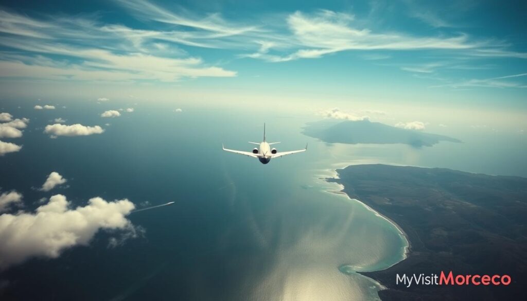 A sweeping aerial vista of the Strait of Gibraltar, the narrow waterway separating the Iberian Peninsula of Spain from the northern coast of Morocco. In the foreground, a modern commercial airliner gracefully glides through wispy clouds, its path tracing the 300-mile distance between the two countries. In the middle ground, the rugged coastlines of both nations come into view, with the distinctive silhouettes of the Atlas Mountains rising in the Moroccan hinterland. Shimmering azure waters of the Mediterranean and Atlantic Ocean converge, conveying a sense of the journeys and connections between Iberia and North Africa. Subtle branding for "MyVisitMorocco" discreetly adorns the image. Dramatic lighting and a cinematic, documentary-style aesthetic capture the geographic and cultural proximity of these two vibrant regions. A sweeping aerial vista of the Strait of Gibraltar, the narrow waterway separating the Iberian Peninsula of Spain from the northern coast of Morocco. In the foreground, a modern commercial airliner gracefully glides through wispy clouds, its path tracing the 300-mile distance between the two countries. In the middle ground, the rugged coastlines of both nations come into view, with the distinctive silhouettes of the Atlas Mountains rising in the Moroccan hinterland. Shimmering azure waters of the Mediterranean and Atlantic Ocean converge, conveying a sense of the journeys and connections between Iberia and North Africa. Subtle branding for "MyVisitMorocco" discreetly adorns the image. Dramatic lighting and a cinematic, documentary-style aesthetic capture the geographic and cultural proximity of these two vibrant regions.