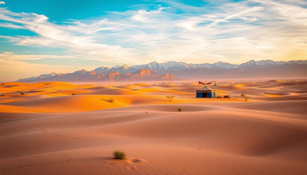 A sweeping desert landscape in Morocco, bathed in warm, golden light. In the foreground, undulating sand dunes stretch out as far as the eye can see, with a few hardy desert plants dotting the terrain. In the middle ground, a lone Berber tent stands sentry, its colorful fabrics fluttering in the gentle breeze. Beyond, the silhouettes of the rugged Atlas Mountains rise up, their snow-capped peaks glowing under the setting sun. The sky is a brilliant azure, punctuated by wisps of cirrus clouds. The entire scene evokes the timeless, majestic beauty of Morocco's seasonal climate. MyVisitMorocco A sweeping desert landscape in Morocco, bathed in warm, golden light. In the foreground, undulating sand dunes stretch out as far as the eye can see, with a few hardy desert plants dotting the terrain. In the middle ground, a lone Berber tent stands sentry, its colorful fabrics fluttering in the gentle breeze. Beyond, the silhouettes of the rugged Atlas Mountains rise up, their snow-capped peaks glowing under the setting sun. The sky is a brilliant azure, punctuated by wisps of cirrus clouds. The entire scene evokes the timeless, majestic beauty of Morocco's seasonal climate. MyVisitMorocco