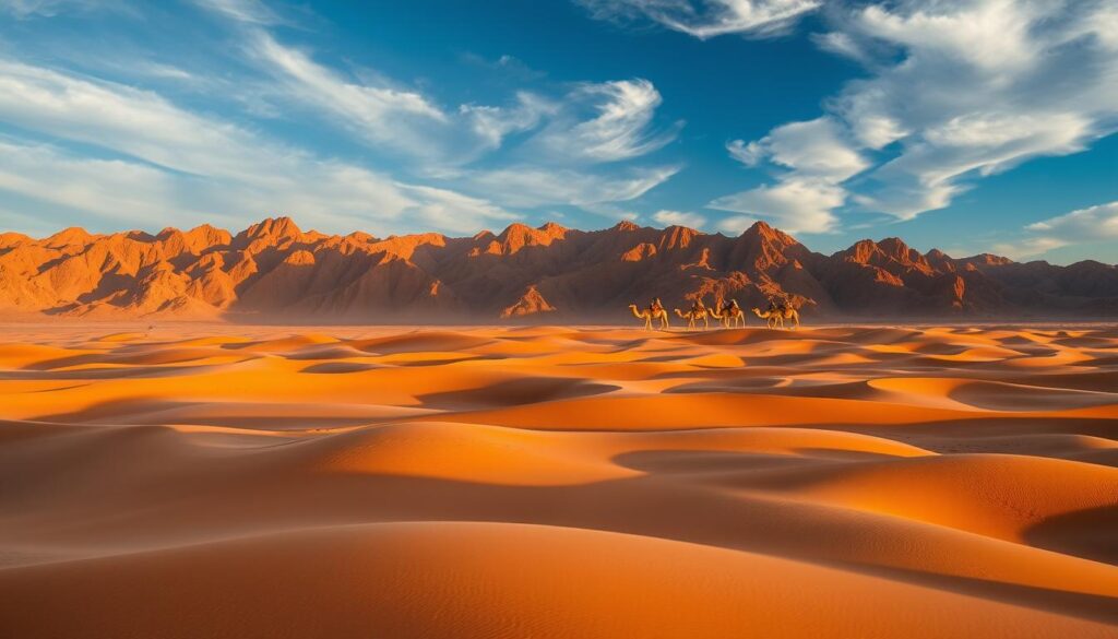 A sweeping desert landscape in Morocco, with towering sand dunes and rugged, ochre-colored mountains in the distance. In the foreground, a caravan of camels treks across the dunes, their shadows elongated by the warm, golden light of the setting sun. Swirling patterns of wind-swept sand create a sense of movement and mystery. The sky is a deep, vivid blue, with wispy clouds that cast soft shadows on the undulating terrain below. The scene evokes a timeless, romantic vision of the Moroccan wilderness, captured with the precision of a wide-angle lens. MyVisitMorocco A sweeping desert landscape in Morocco, with towering sand dunes and rugged, ochre-colored mountains in the distance. In the foreground, a caravan of camels treks across the dunes, their shadows elongated by the warm, golden light of the setting sun. Swirling patterns of wind-swept sand create a sense of movement and mystery. The sky is a deep, vivid blue, with wispy clouds that cast soft shadows on the undulating terrain below. The scene evokes a timeless, romantic vision of the Moroccan wilderness, captured with the precision of a wide-angle lens. MyVisitMorocco