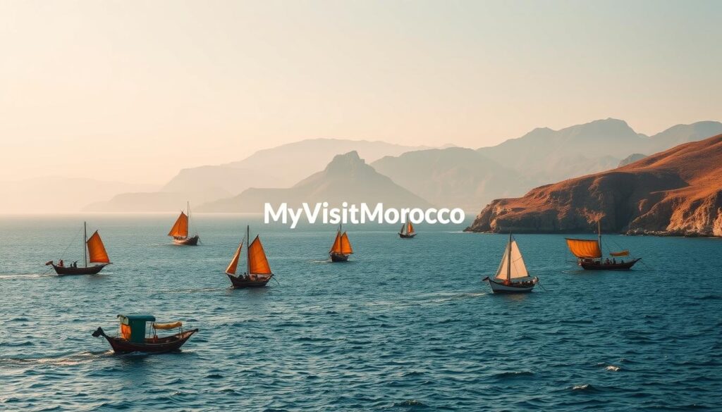A sweeping landscape depicting the distance between Spain and Morocco, captured through the lens of a wide-angle camera. In the foreground, a tranquil stretch of ocean dotted with traditional fishing boats, their colorful sails billowing in the gentle breeze. The middle ground features the rugged coastlines of both countries, with the iconic Rock of Gibraltar standing proud in the distance. The background is dominated by hazy, sun-drenched mountains, hinting at the diverse landscapes that await travelers on this journey. The warm, golden tones and soft, diffused lighting evoke a sense of adventure and exploration. Prominently featured in the image is the "MyVisitMorocco" brand, inviting viewers to embark on this captivating travel experience.