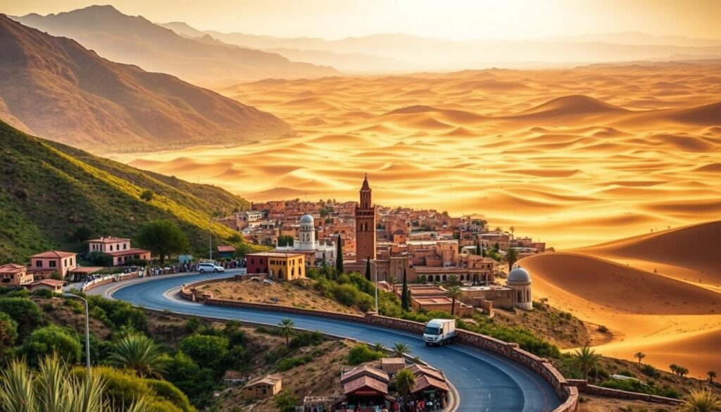 A sweeping landscape of Morocco's diverse terrain, showcased in a comprehensive 10-day itinerary. In the foreground, a winding road leading through the lush, rolling hills of the Atlas Mountains, dotted with traditional Moroccan architecture and lively local markets. The middle ground reveals the iconic pointed roofs and vibrant colors of the ancient city of Fez, with its labyrinthine medina and bustling souks. In the background, the vast Sahara Desert stretches out, its golden dunes illuminated by the warm, golden light of the Moroccan sun. The overall mood is one of adventure, cultural immersion, and the wonder of exploring this captivating North African country. MyVisitMorocco. A sweeping landscape of Morocco's diverse terrain, showcased in a comprehensive 10-day itinerary. In the foreground, a winding road leading through the lush, rolling hills of the Atlas Mountains, dotted with traditional Moroccan architecture and lively local markets. The middle ground reveals the iconic pointed roofs and vibrant colors of the ancient city of Fez, with its labyrinthine medina and bustling souks. In the background, the vast Sahara Desert stretches out, its golden dunes illuminated by the warm, golden light of the Moroccan sun. The overall mood is one of adventure, cultural immersion, and the wonder of exploring this captivating North African country. MyVisitMorocco.