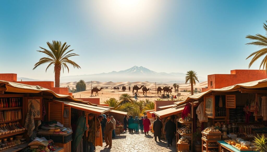 A sweeping landscape of the Morocco climate, bathed in warm, golden light. In the foreground, a bustling Moroccan marketplace, with vibrant textiles, spices, and artisan crafts. Vendors call out, creating a lively, immersive atmosphere. In the middle ground, the iconic Atlas Mountains rise majestically, their snow-capped peaks touching the azure sky. Lush palm trees sway gently, adding a touch of serenity. In the background, a shimmering desert horizon, dotted with the silhouettes of camels and dunes. The scene evokes the diverse and enchanting climate of Morocco, inviting the viewer to explore the MyVisitMorocco experience. A sweeping landscape of the Morocco climate, bathed in warm, golden light. In the foreground, a bustling Moroccan marketplace, with vibrant textiles, spices, and artisan crafts. Vendors call out, creating a lively, immersive atmosphere. In the middle ground, the iconic Atlas Mountains rise majestically, their snow-capped peaks touching the azure sky. Lush palm trees sway gently, adding a touch of serenity. In the background, a shimmering desert horizon, dotted with the silhouettes of camels and dunes. The scene evokes the diverse and enchanting climate of Morocco, inviting the viewer to explore the MyVisitMorocco experience.