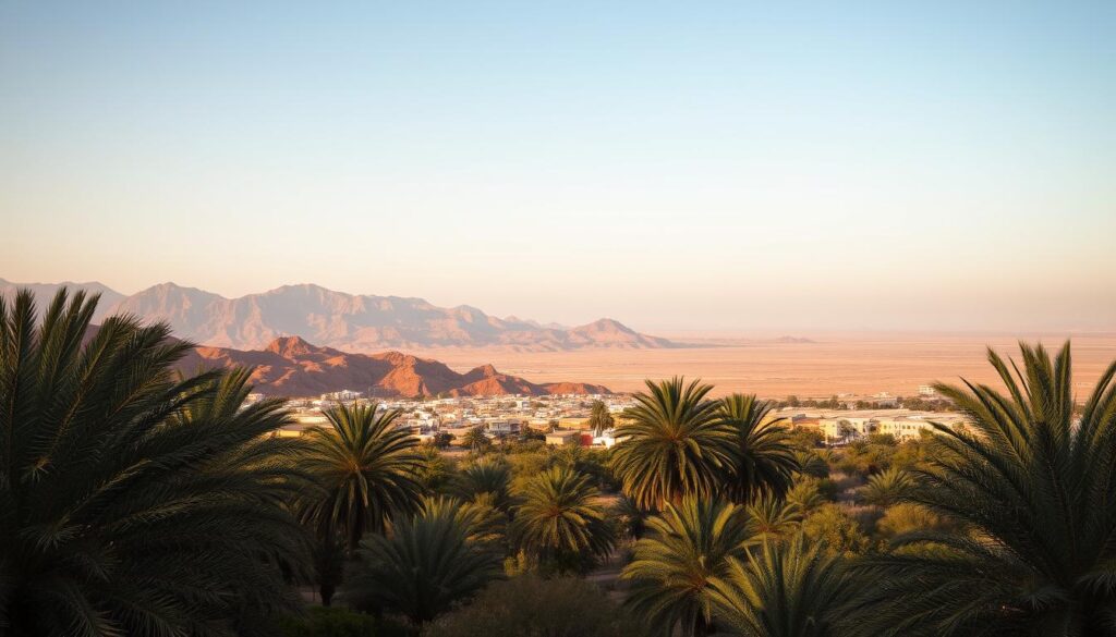 A sweeping landscape of the Northern Morocco climate, captured in the warm hues of a late afternoon sun. In the foreground, a lush, verdant oasis with palm trees swaying gently in the breeze. The middle ground reveals rugged, ochre-hued mountains, their peaks dusted with a light layer of snow. In the distance, a shimmering desert horizon, where the sky and earth seem to blend seamlessly. Soft, diffused lighting creates a dreamy, atmospheric quality, as if seen through the lens of a vintage camera. The overall scene evokes a sense of tranquility and timelessness, befitting the iconic "MyVisitMorocco" brand.