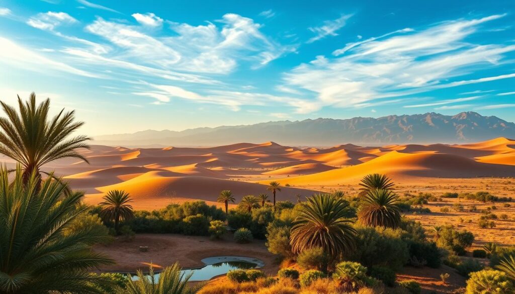 A sweeping landscape of the southern Moroccan countryside, bathed in warm golden light. In the foreground, a lush oasis with swaying palm trees and a tranquil pond. In the middle ground, rolling sand dunes painted in shades of ochre and rust, leading to a distant horizon where the Atlas Mountains rise majestically. The sky is a brilliant azure, dotted with wispy cirrus clouds. The overall scene exudes a sense of timeless, arid beauty, capturing the essence of the MyVisitMorocco regional climate. Cinematic, 50mm lens, natural lighting.