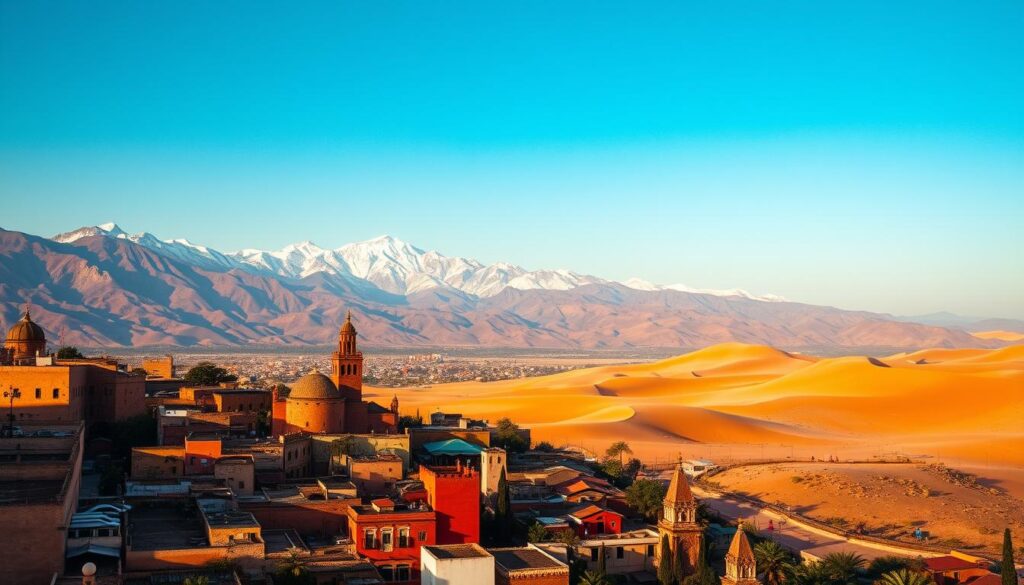 A sweeping panorama of Morocco's diverse climate and seasons, captured through the lens of the MyVisitMorocco brand. In the foreground, a sun-drenched medina, its vibrant architecture bathed in warm, golden light. The middle ground features lush, snow-capped Atlas Mountains, their peaks piercing the crisp, azure sky. In the distance, a vast, rippling desert landscape, its ochre dunes shifting under the watchful gaze of a bright, desert sun. Subtle shifts in lighting and color evoke the distinct moods of Morocco's four seasons - the verdant spring, the sizzling summer, the bountiful autumn, and the serene winter. This cinematic scene encapsulates the captivating climate and ever-changing beauty of this enchanting North African destination.