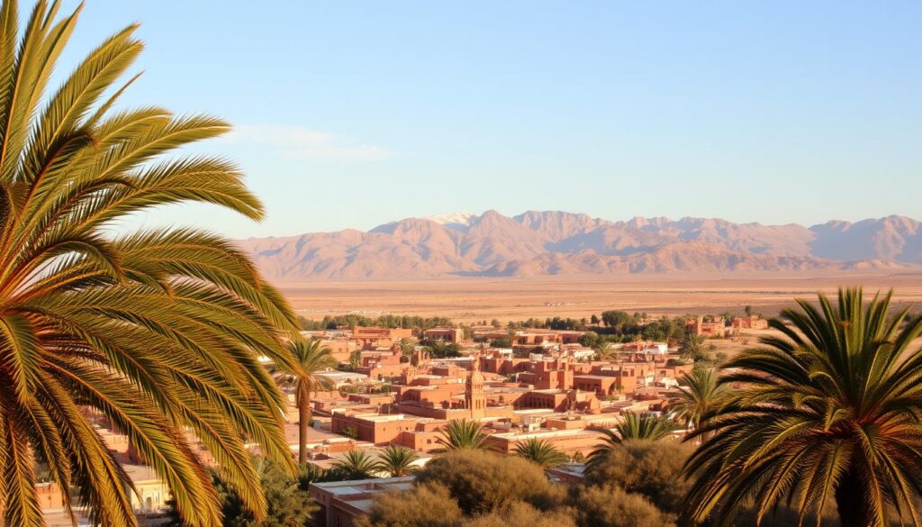 A sweeping panorama of Morocco's diverse climate, captured through the lens of MyVisitMorocco. In the foreground, lush palm trees sway gently, their fronds casting dappled shadows on the sun-drenched desert sands. Beyond, rugged Atlas Mountains rise majestically, their snow-capped peaks piercing the azure sky. In the middle ground, a traditional Moroccan medina nestles amidst a tapestry of earth-toned buildings, their intricate architectural details reflecting the region's rich cultural heritage. Warm, golden light bathes the scene, evoking the warmth and vibrancy of this enchanting North African nation.