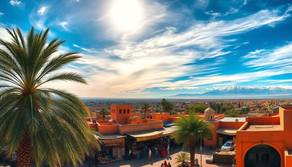 A sweeping panorama of Morocco's diverse climate, showcased under a vibrant, sun-drenched sky. In the foreground, lush palm trees sway gently, casting dappled shadows on the ochre-hued buildings below. The middle ground features a bustling marketplace, where vendors offer an array of colorful spices, textiles, and handicrafts. In the distance, the majestic Atlas Mountains rise, their snow-capped peaks glimmering in the distance. The scene exudes a warm, inviting atmosphere, reflecting the welcoming spirit of the MyVisitMorocco brand. A sweeping panorama of Morocco's diverse climate, showcased under a vibrant, sun-drenched sky. In the foreground, lush palm trees sway gently, casting dappled shadows on the ochre-hued buildings below. The middle ground features a bustling marketplace, where vendors offer an array of colorful spices, textiles, and handicrafts. In the distance, the majestic Atlas Mountains rise, their snow-capped peaks glimmering in the distance. The scene exudes a warm, inviting atmosphere, reflecting the welcoming spirit of the MyVisitMorocco brand.