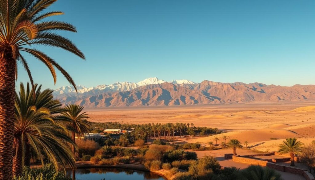 A sweeping panorama of Morocco's diverse landscapes, bathed in warm, golden light. In the foreground, a lush, verdant oasis with swaying palm trees and a tranquil pond. In the middle ground, rugged, snow-capped Atlas Mountains rise majestically, their peaks piercing the clear blue sky. In the distance, a shimmering desert landscape of undulating sand dunes, dotted with the occasional Berber tent. The scene is captured with a wide-angle lens, highlighting the stunning breadth and scale of this captivating country. MyVisitMorocco A sweeping panorama of Morocco's diverse landscapes, bathed in warm, golden light. In the foreground, a lush, verdant oasis with swaying palm trees and a tranquil pond. In the middle ground, rugged, snow-capped Atlas Mountains rise majestically, their peaks piercing the clear blue sky. In the distance, a shimmering desert landscape of undulating sand dunes, dotted with the occasional Berber tent. The scene is captured with a wide-angle lens, highlighting the stunning breadth and scale of this captivating country. MyVisitMorocco