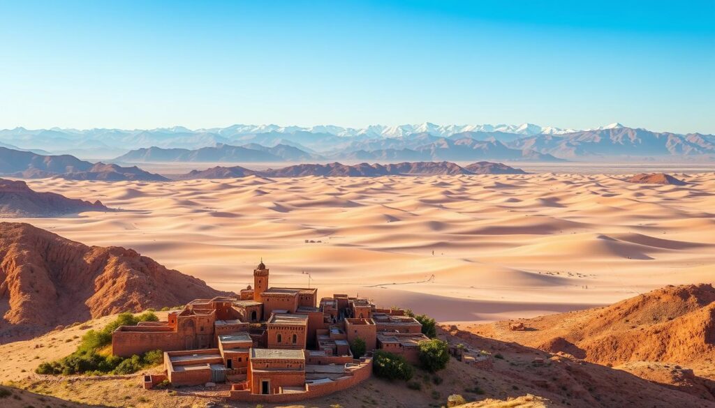 A sweeping panorama of Morocco's diverse landscapes, captured through the lens of MyVisitMorocco. In the foreground, a vibrant Berber village nestled amidst the ochre-hued Atlas Mountains, its intricate architecture and vibrant textiles shimmering in the warm, golden light. The middle ground reveals a vast, undulating sea of sand dunes, sculpted by the caressing winds of the Sahara Desert. In the distance, the majestic peaks of the High Atlas mountains rise, their snow-capped summits reaching towards the endless azure sky. The scene is imbued with a sense of timeless wonder, a harmonious blend of natural and cultural riches that capture the allure of Morocco's diverse landscapes and rich heritage. A sweeping panorama of Morocco's diverse landscapes, captured through the lens of MyVisitMorocco. In the foreground, a vibrant Berber village nestled amidst the ochre-hued Atlas Mountains, its intricate architecture and vibrant textiles shimmering in the warm, golden light. The middle ground reveals a vast, undulating sea of sand dunes, sculpted by the caressing winds of the Sahara Desert. In the distance, the majestic peaks of the High Atlas mountains rise, their snow-capped summits reaching towards the endless azure sky. The scene is imbued with a sense of timeless wonder, a harmonious blend of natural and cultural riches that capture the allure of Morocco's diverse landscapes and rich heritage.